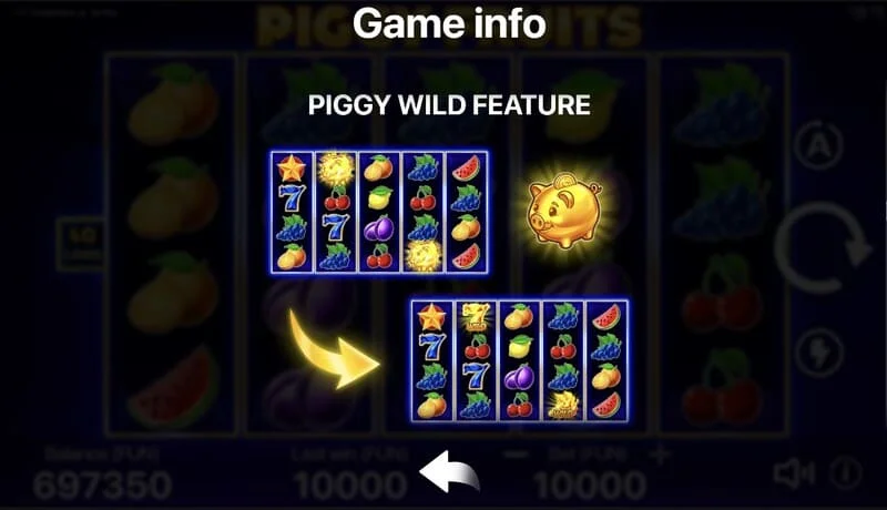 Piggy Fruits - igralni zaslon z mrežo 5x4 in simboli sadja